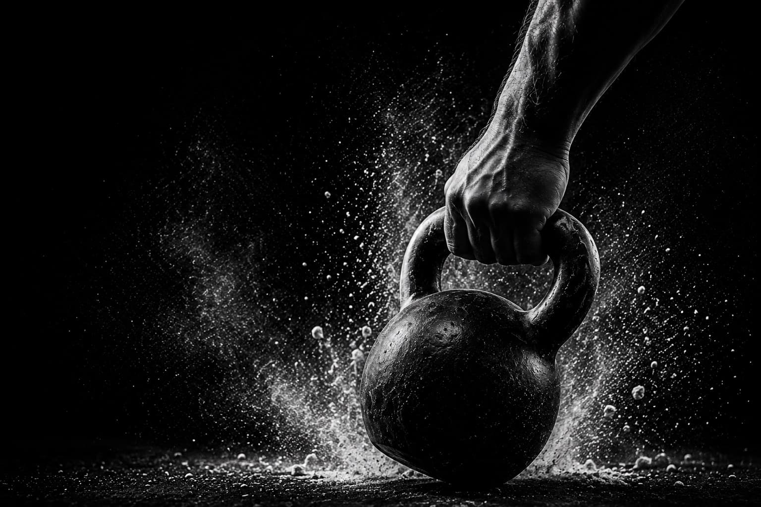 Hand gripping a kettlebell in high-contrast black and white