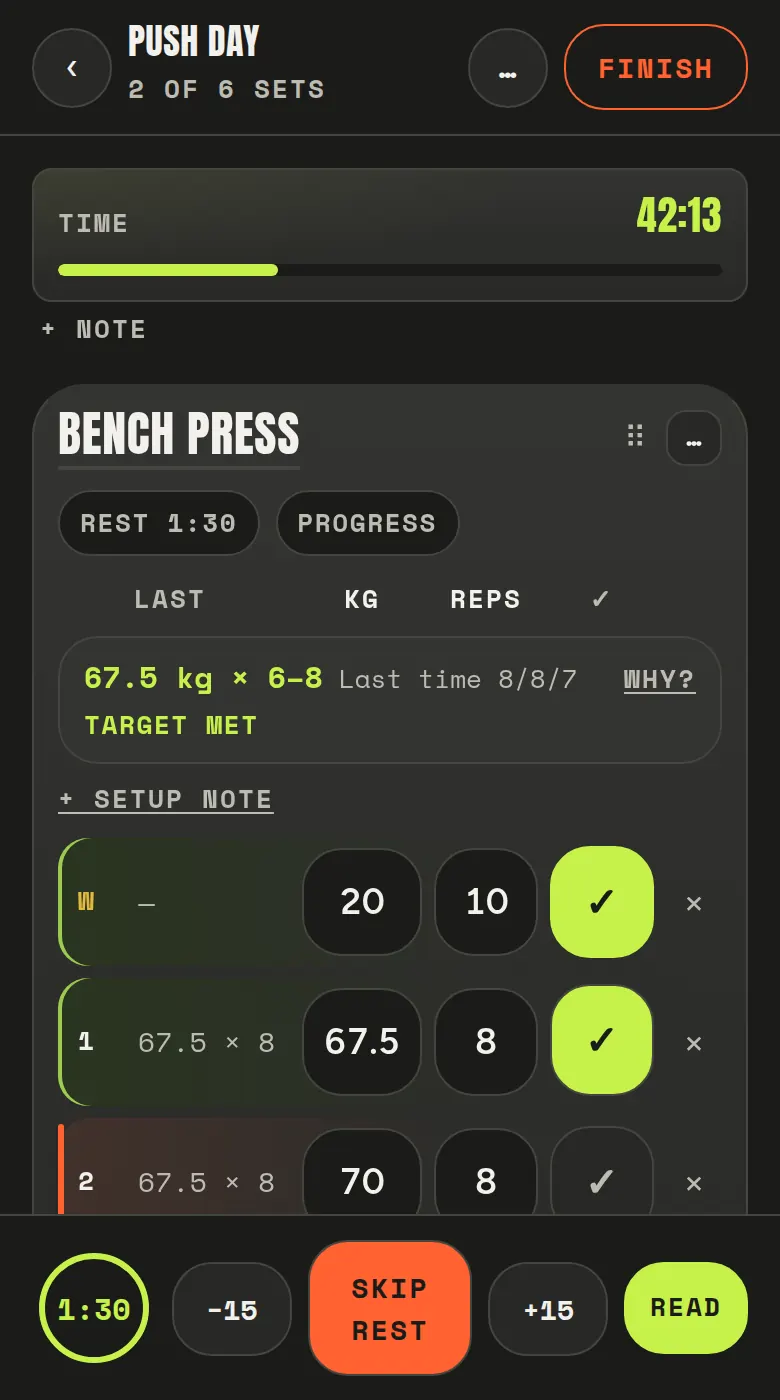 A live bench press session: last session's numbers beside every row, two sets ticked off, and the rest timer counting down at the bottom of the screen.